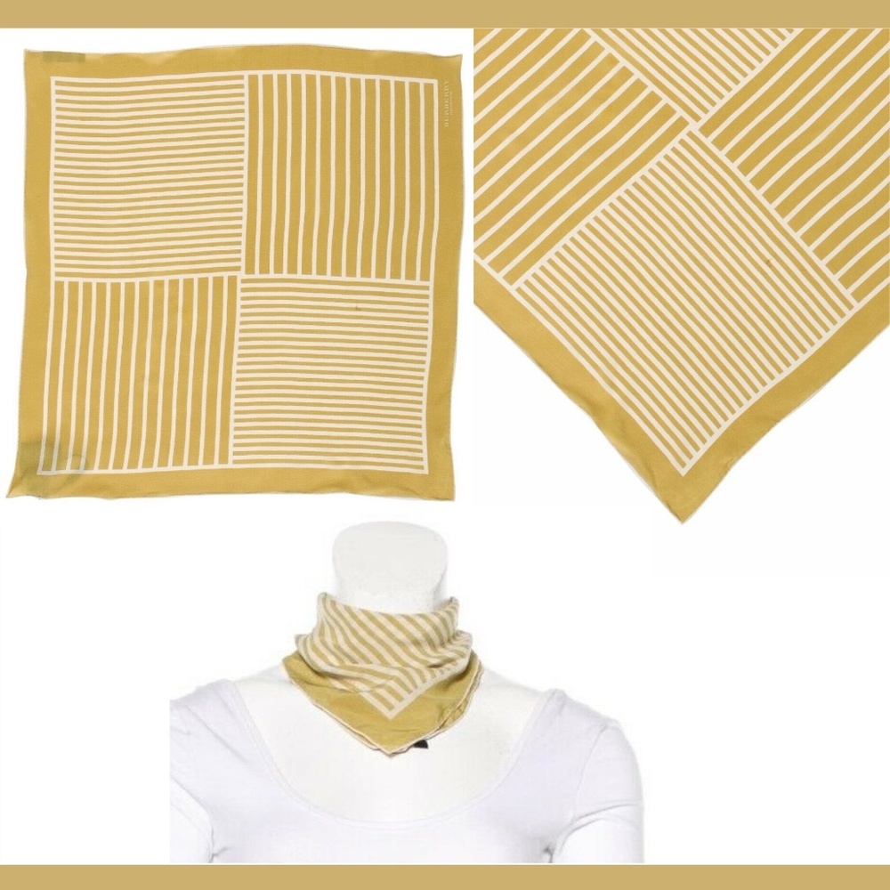 NWT Burberry Prorsum Striped Silk Square Scarf‎ Pale Yellow [SZ 22 x 22 ]
